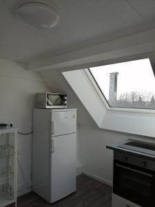 uma pequena cozinha com uma janela e um frigorífico em Ferienwohnung Jule II em Grenzach-Wyhlen