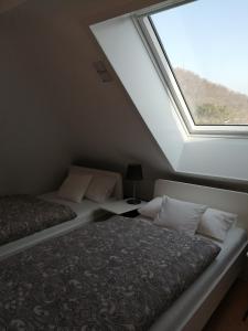 Duas camas num quarto com uma janela em Ferienwohnung Jule II em Grenzach-Wyhlen