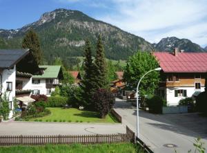 una calle en un pueblo con una montaña en el fondo en Gästehaus Riefenhaus, en Oberstdorf