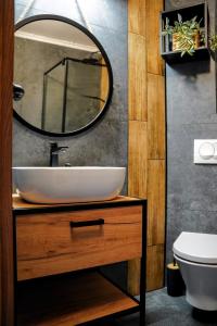 a bathroom with a sink and a mirror at Apartament 914 in Wisła
