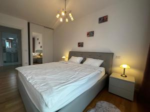 een slaapkamer met een groot wit bed en een kroonluchter bij Central Apartment in Timişoara