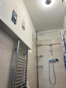 ボーフムにあるModernes Apartment 5 , 6 und 7 in Bochumのバスルーム(ガラス張りのシャワー付)