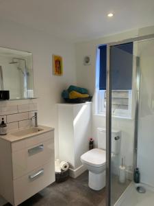 a white bathroom with a toilet and a sink at The Pod in Crowhurst +10 photos