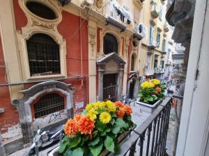 a balcony with flowers on a city street at majorana home in Naples