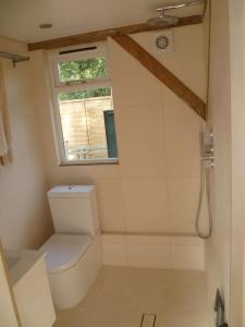 a small bathroom with a toilet and a window at Oak Frame Barn Studio in Rural AONB Chiddingfold in Chiddingfold