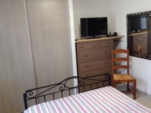 Schlafzimmer mit einem Bett und einer Kommode mit einem TV in der Unterkunft Le refuge de Sissou in Pontevès