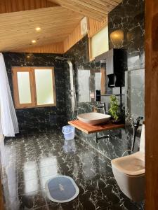 a bathroom with two sinks and a toilet in it at Cloudwalk Treehouse in Jibhi