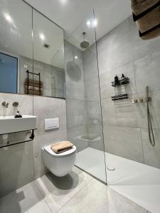 uma casa de banho com um WC e uma cabina de duche em vidro. em Regents Park Apartments em Londres