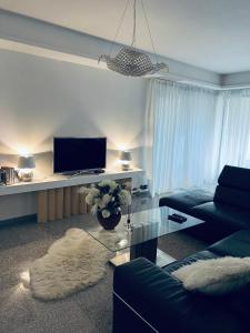 a living room with a couch and a tv at Koliba apartments in Bratislava