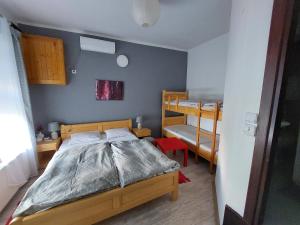 a bedroom with a bed and two bunk beds at HostelChe Guest House in Smederevo