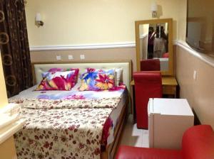 a small bedroom with a bed and a mirror at Blue-View Suites & Apartments in Abuja