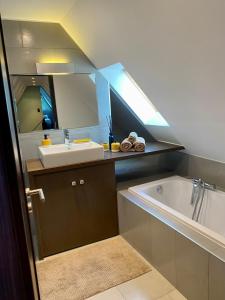 a bathroom with a sink and a bath tub at La Mezzanine des Rohan Saverne in Saverne