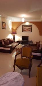 uma sala de estar com um sofá e uma cadeira em Appartement Amilcar em Dar Salah Bey