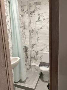 a bathroom with a shower and a toilet and a sink at Hotel Kastoria in Thessaloniki