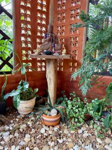 ein Vogelbad auf einem Baumstumpf im Garten in der Unterkunft Namastê Suítes e Chalés in Sao Jorge