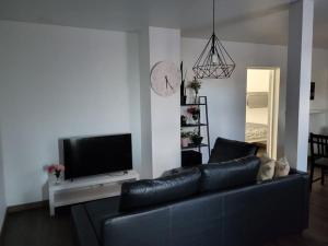 un soggiorno con divano in pelle nera e TV a schermo piatto di Mésange a Colmar