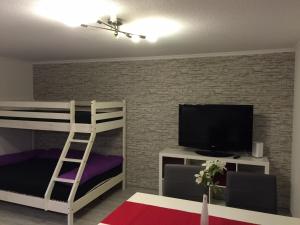 a bedroom with two bunk beds and a flat screen tv at Ferienwohnung am Europapark - klimatisiert in Rust
