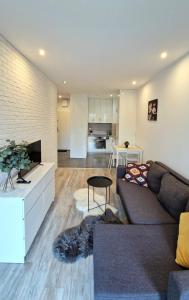 a living room with a couch and a table and a kitchen at Apartament Czechowska Comfort in Lublin
