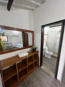 La salle de bains est pourvue d'un miroir et de toilettes. dans l'établissement Confortable cabaña para que disfrute con su pareja, à Santandercito