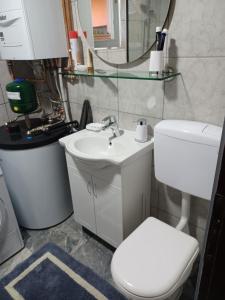 bagno con servizi igienici bianchi e lavandino di Apartman Kalinka a Gajić