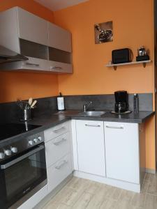 a kitchen with white cabinets and a sink at Appartement idéalement situé in Le Mont-Dore