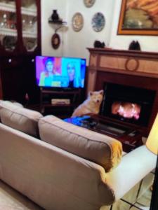 a living room with a couch and a fireplace at Casa de Pueblo en Navarres in Navarrés