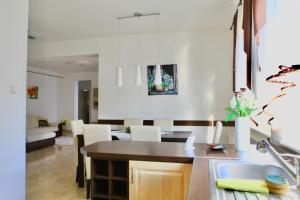 a kitchen and living room with a sink and a table at Solemio Apartman Kalocsa in Kalocsa