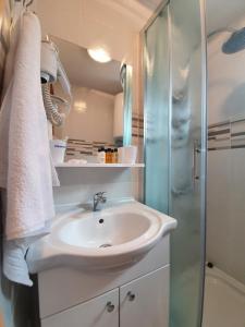 a bathroom with a sink and a shower at La Reina Una in Bihać +56 photos