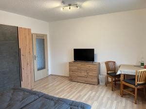 a bedroom with a television and a table with chairs at Pension 71 in Mittelbach