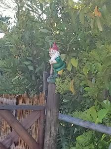 a gnome sitting on top of a wooden fence at Agriturismo Il Cipresso in Vada