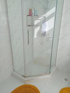 y baño con ducha y puerta de cristal. en Luxury Cosy Homestay with Private Entrance en Eldoret