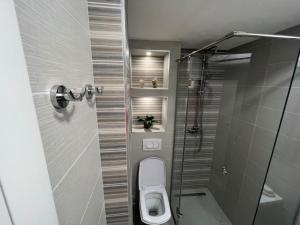 a bathroom with a toilet and a glass shower at Apartments Baka in Pržno