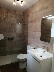een badkamer met een toilet, een douche en een wastafel bij Chez Henri in Les Herbiers