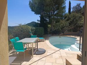 a patio with a table and chairs next to a pool at LA MADRAGUE- 2P avec piscine privative in Saint-Cyr-sur-Mer