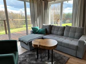 Na Pańskiej Górze في Brzozów: غرفة معيشة مع أريكة وطاولة