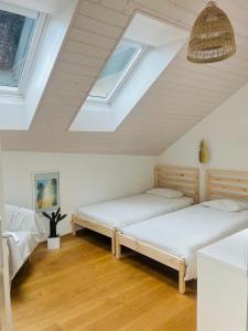 two beds in a attic room with skylights at Magnifique maison avec vue sur lac Léman in Saint-Legier-La Chiesaz
