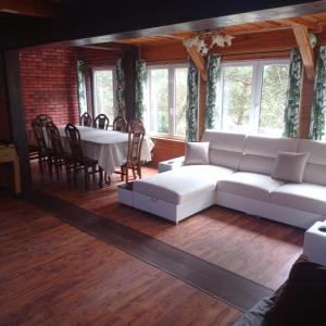sala de estar con sofá blanco y mesa en Dom Parlinek agroturtstyka wędkowanie sauna jacuzzi en Dąbrowa
