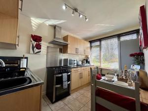 a kitchen with a sink and a stove top oven at BOURNECOAST: LOVELY GROUND FLOOR STUDIO APARTMENT, NEAR RIVER & BEACHES - FM3001 in Iford