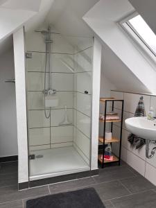 a bathroom with a glass shower and a sink at Dach-Maisonette "Villa Karola" an der Therme in Bad Sulza