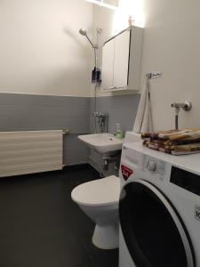 a bathroom with a toilet and a sink and a washing machine at Tampsan Lake in Kotka