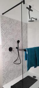 a bathroom with a shower with a blue towel at Casa Vacanze Claudette in Arco