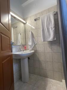 y baño con lavabo y ducha. en Flo's Apartments, en Mesolongi