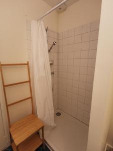 ein Bad mit Dusche und Duschvorhang in der Unterkunft Les Embruns in Bréhal