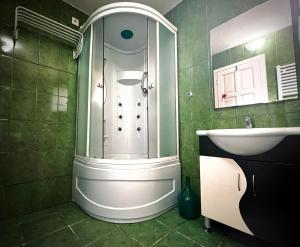 La salle de bains est pourvue d'une douche et d'un lavabo. dans l'établissement Apartment Centar, à Sarajevo