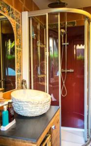 y baño con lavabo y ducha acristalada. en Le Petit Chalet avec hottub., en Sint-Gillis-Waas