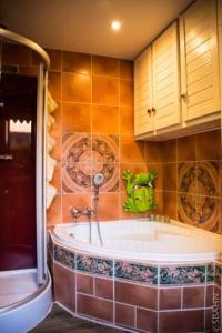 een badkamer met een bad en een groene kikker aan de muur bij Le Petit Chalet avec hottub. in Sint-Gillis-Waas