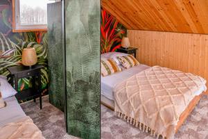 2 fotos de un dormitorio con 1 cama en una habitación en Nini House Swietajno, en Olecko