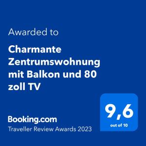 a screenshot of a cell phone with the text awarded to chairman at Charmante Zentrumswohnung mit Balkon und 80 zoll TV in Klagenfurt