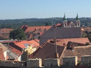 uitzicht op een stad met rode daken bij Várfal Wellness Panzió in Pécs