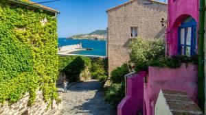 un groupe de bâtiments avec l'océan en arrière-plan dans l'établissement Studio Centre Plage parking gratuit, à Collioure